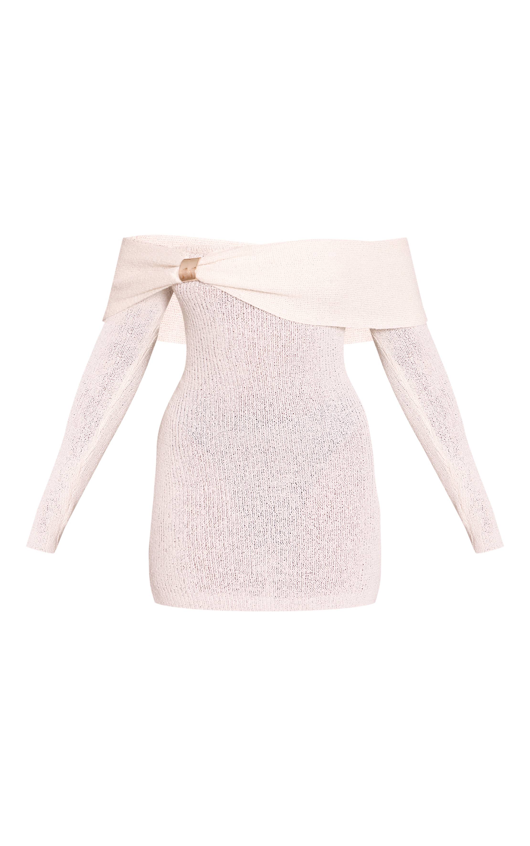 Crème Robe En Maille À Encolure Bardot Avec Détails Dorés