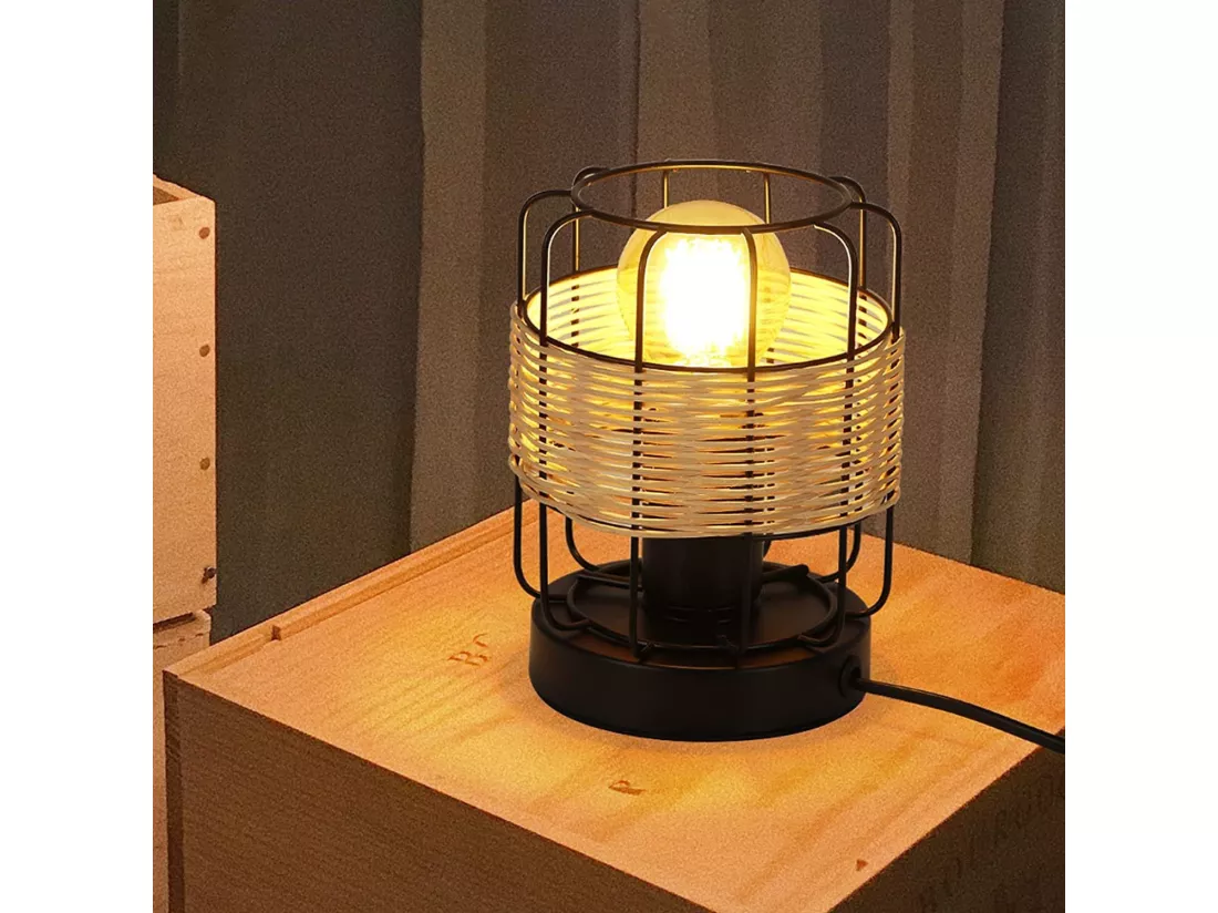 NETTLIFE lampe de table vintage: petite lampe de table boho lampe salon noir en rotin métal E27 scandinave lampe de bureau déco campagne- sans ampoule