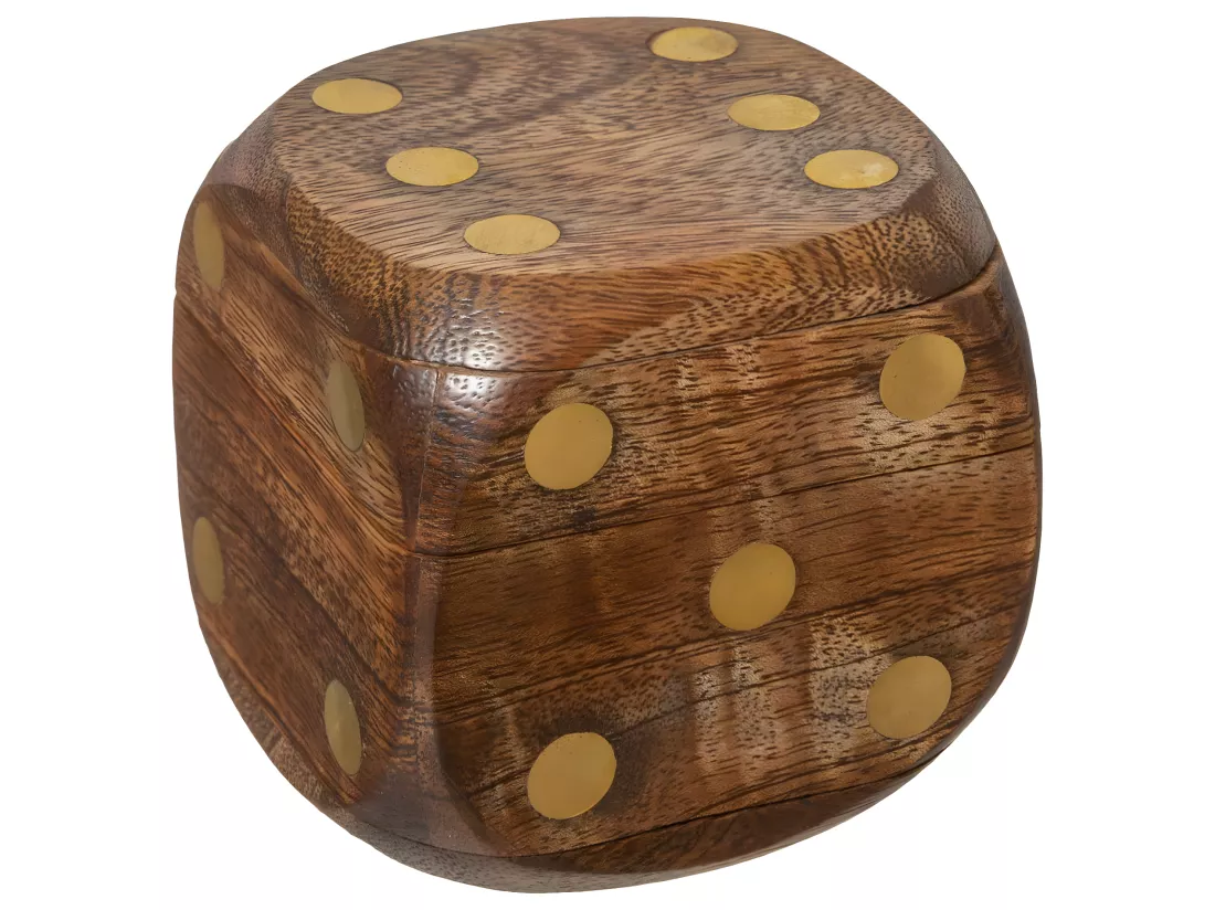 Objet déco Jeu de 5 Dés dans une Boite en forme de Dé en Bois de Manguier et Laiton