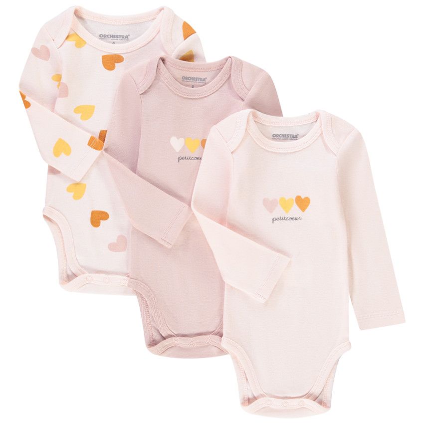 Lot de 3 bodies manches longues en coton imprimé pour bébé fille - Fuchsia