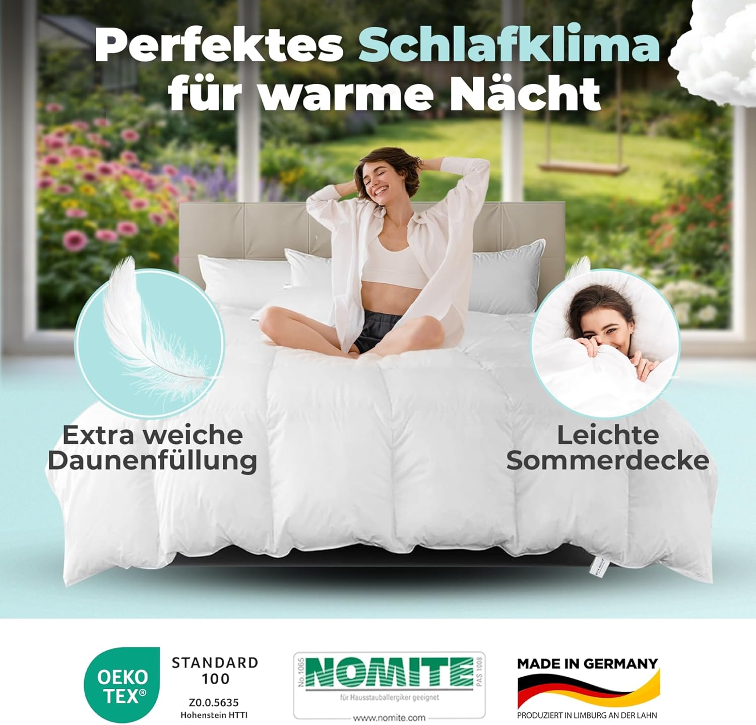 BEFA NATUR Daunendecke Ganzjahr 135x200 cm | 90% Daunen & 10% Federn | 624g Füllgewicht | Allergiker geeignet (NOMITE) | Tierwohl Zertifiziert (DOWNPASS) | Oeko-TEX Klasse 1 | Made in Germany