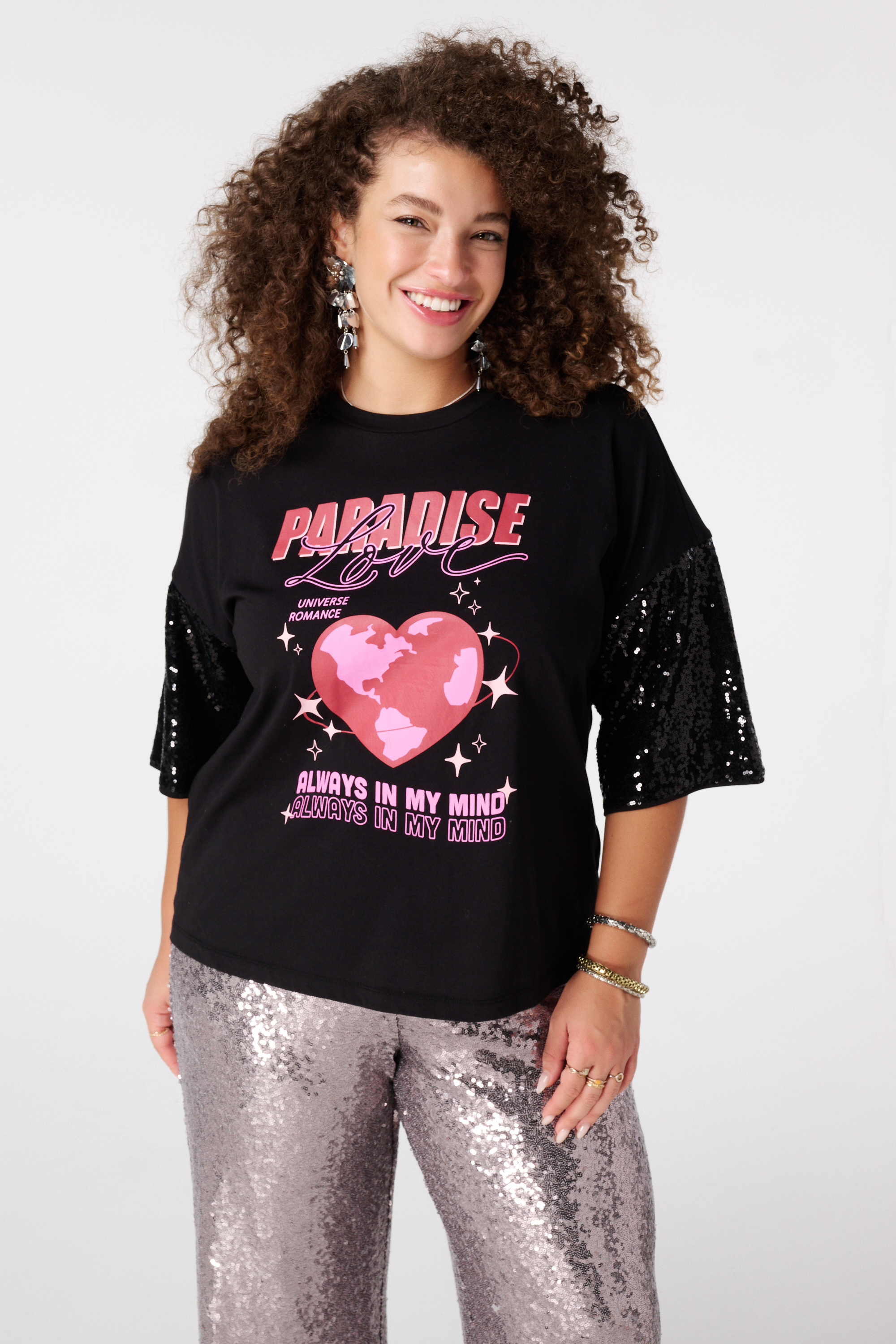 Oversized t-shirt met pailletten mouwen Zwart