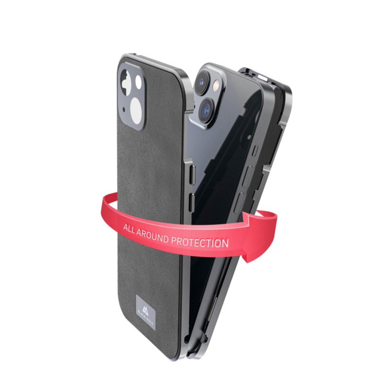 iPhone 14 Magnetische 360° Glass Schutzhülle mit Echtleder Backcover   Display- / Kameraschutz (1200TGL02) - Schwarz