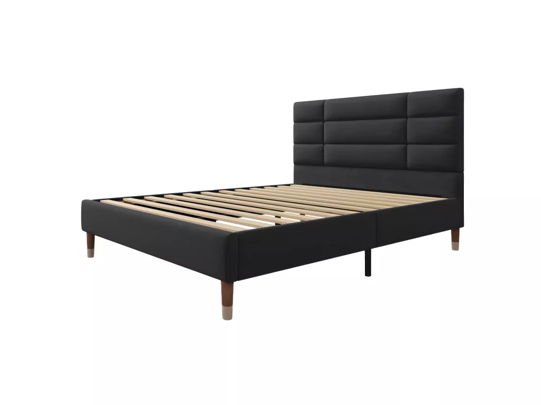 Lit Capitonné Double - 140 X 200 cm - Avec Sommier À Lattes - Tête De Lit - Velours - Noir
