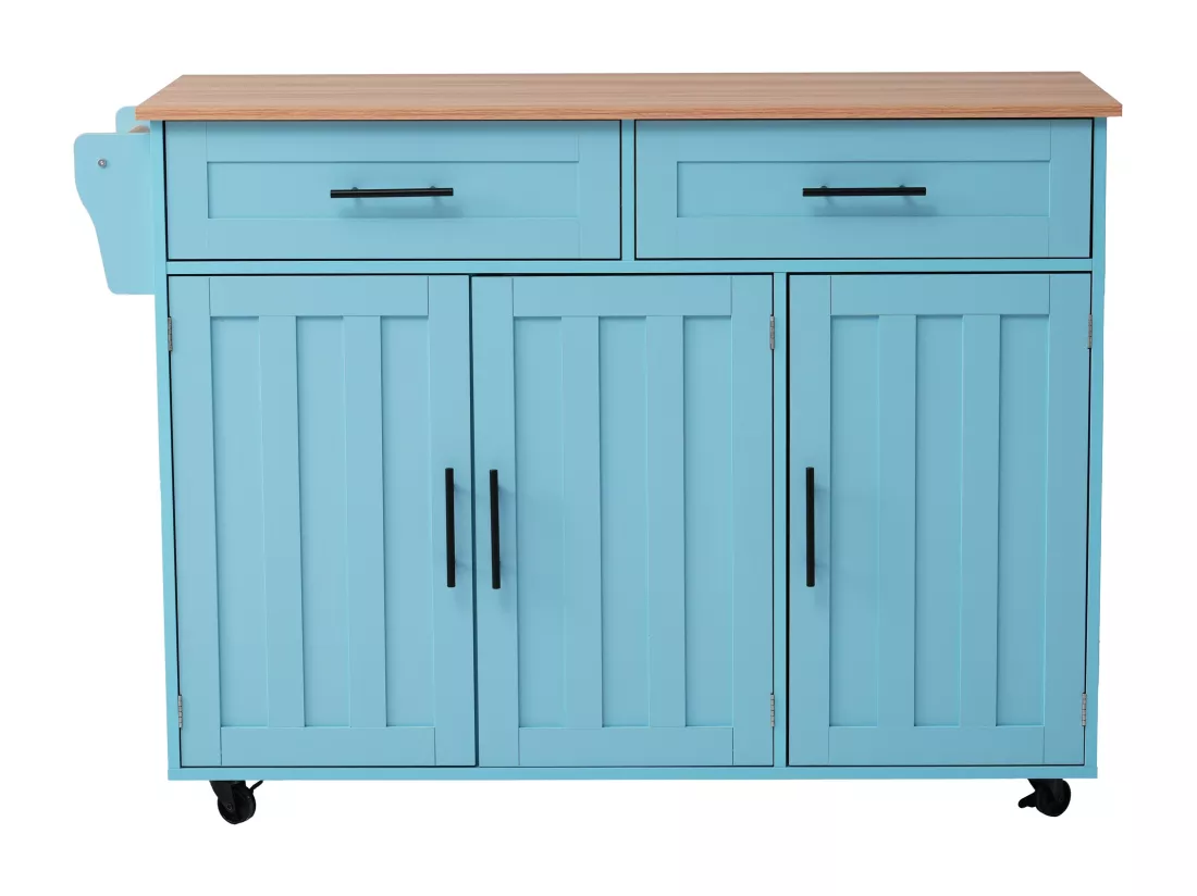 Ilot central de cuisine avec 2 tiroirs - Plateau extensible - pieds en roulettes ou en bois massif - Bleu Ciel