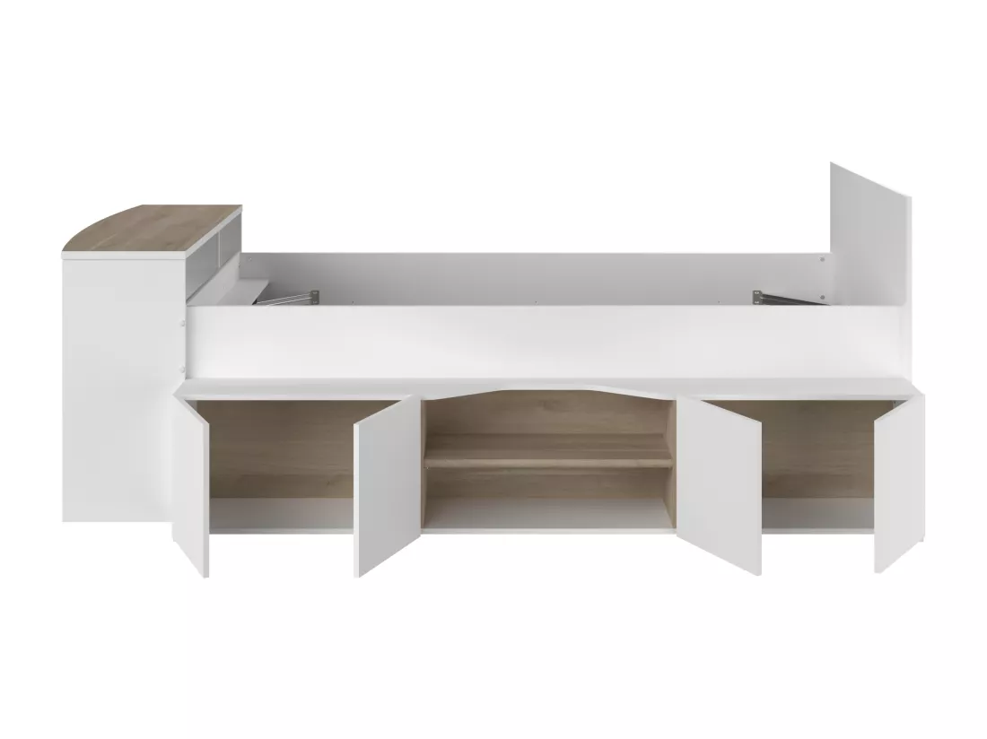 Lit combiné 90 x 190/200 cm avec bureau et rangements - Blanc et naturel + Sommier + Matelas - JOCHIANE