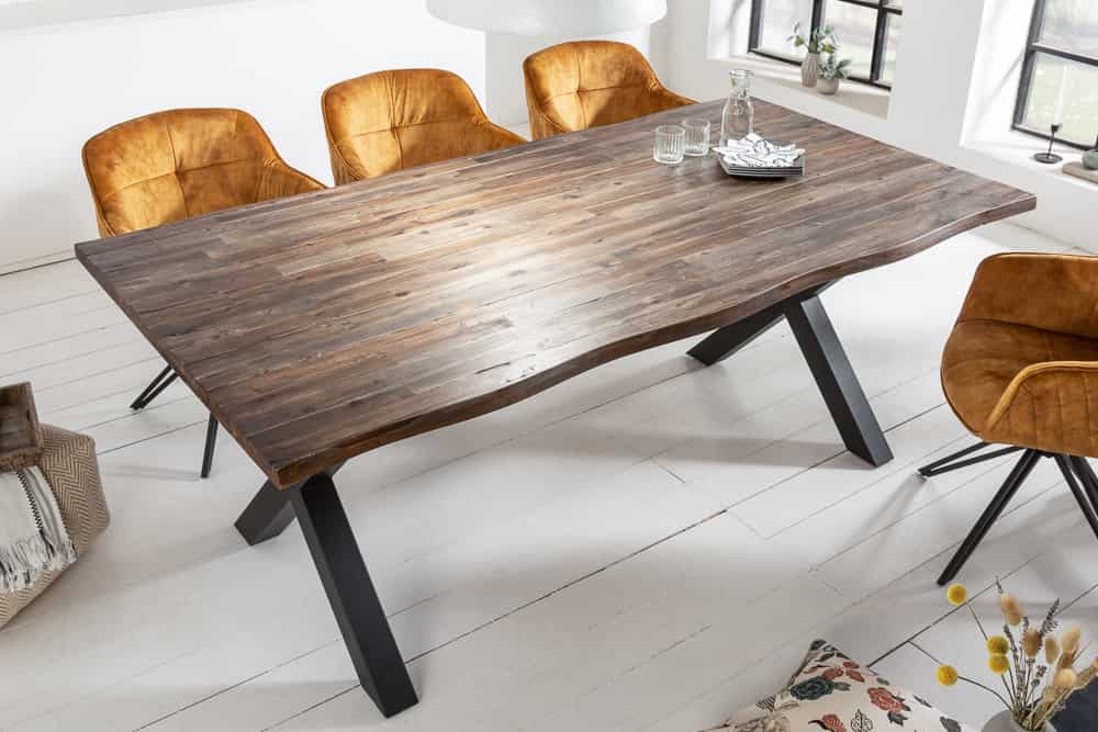 Massiver Esstisch GENESIS VINTAGE 200cm braun Akazienholz schwarzes X-Gestell Baumkante