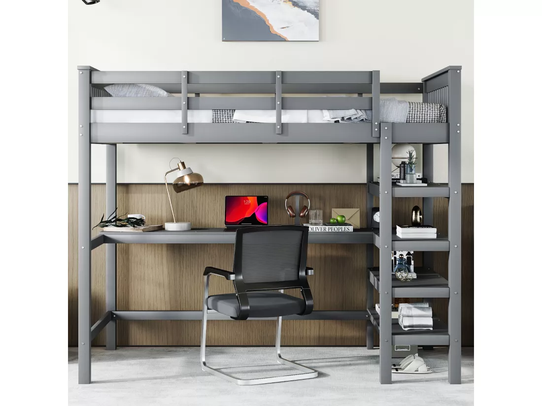 Lit mezzanine 90x200cm en bois - avec bureau et étagère de rangement - Gris