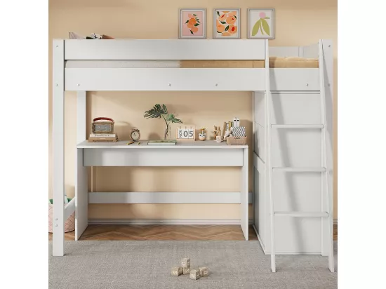 Lit mezzanine pour enfants, avec échelle, bureau, armoire, sans matelas, bois massif, blanc 90 * 200