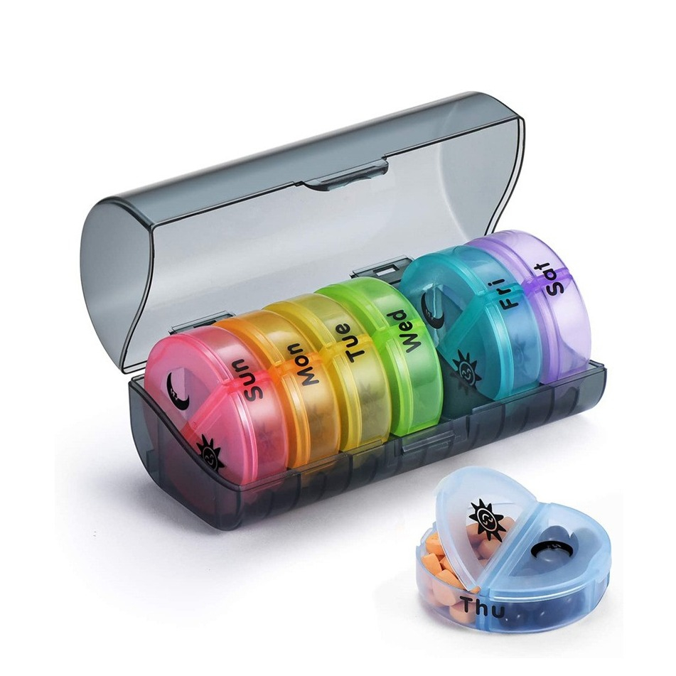(8-tlg. Set) Ø6cm Medikamenten Dosierer 7 Tage Dosett Tablettenbox Supplements Pillendose für Tag und Nacht - Bunt
