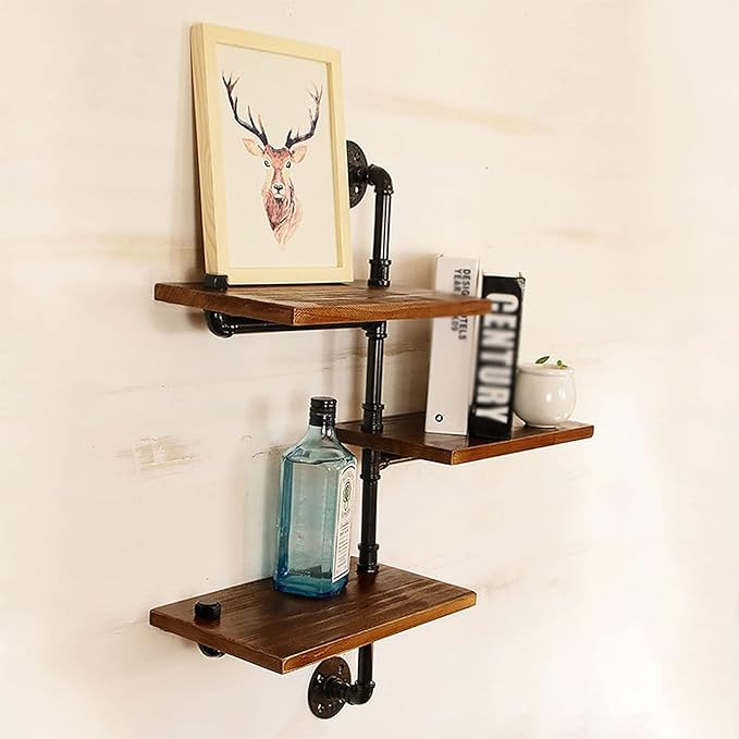 (82x62cm) Industrial Wandregal Loft Home Deko Regal Schwebendes Rohrregal mit 3 Ebenen - Braun / Schwarz