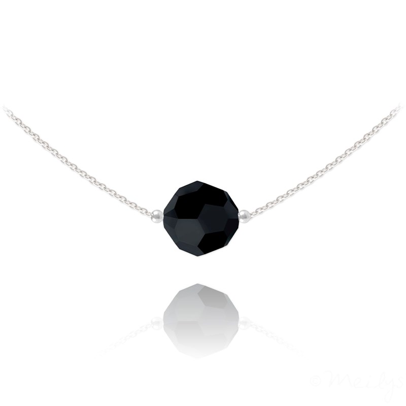 Collier ras du cou en argent 925 rhodié avec perle ronde à facette noire crystal Swarovski