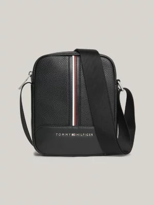 Bolsa pequena para repórter com detalhes em fita.
