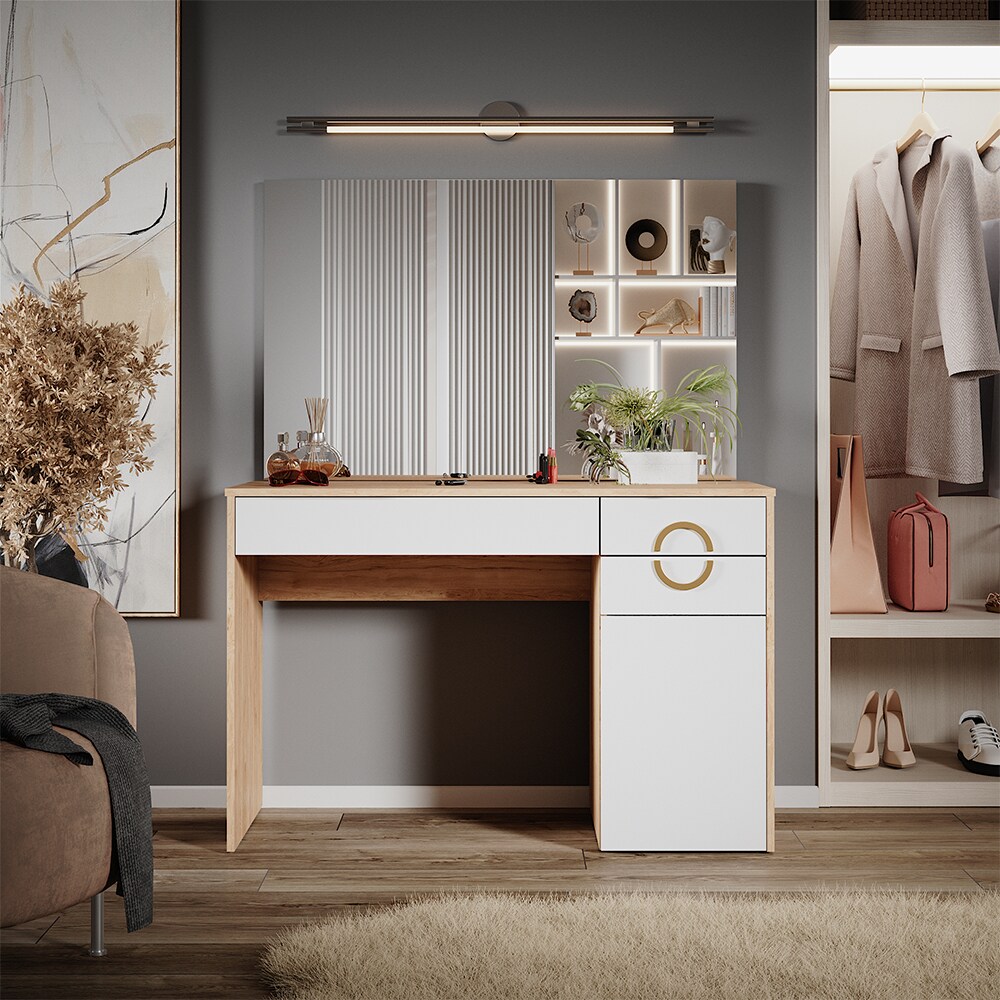 Vicco Schminktisch Adela Natural Rockford Hickory Weiß, 115 x 76 cm mit Spiegel