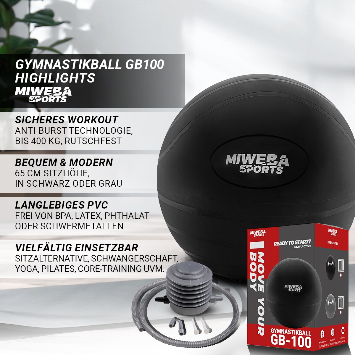 Miweba Sports Gymnastikball GB100, 65cm, Anti-Burst, bis 400 kg, rutschfester Sitzball, PVC, Pumpe (Schwarz)