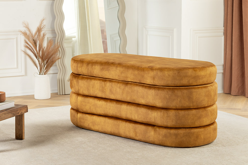 Extravagante Polsterbank VOGUE 115cm senfgelb Samt Sitzbank mit Stauraum