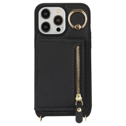 iPhone 13 Pro Necklace Leder Hülle mit Münzfach und Kartenfächer   Finger Griff Halterung   Handykette - Schwarz