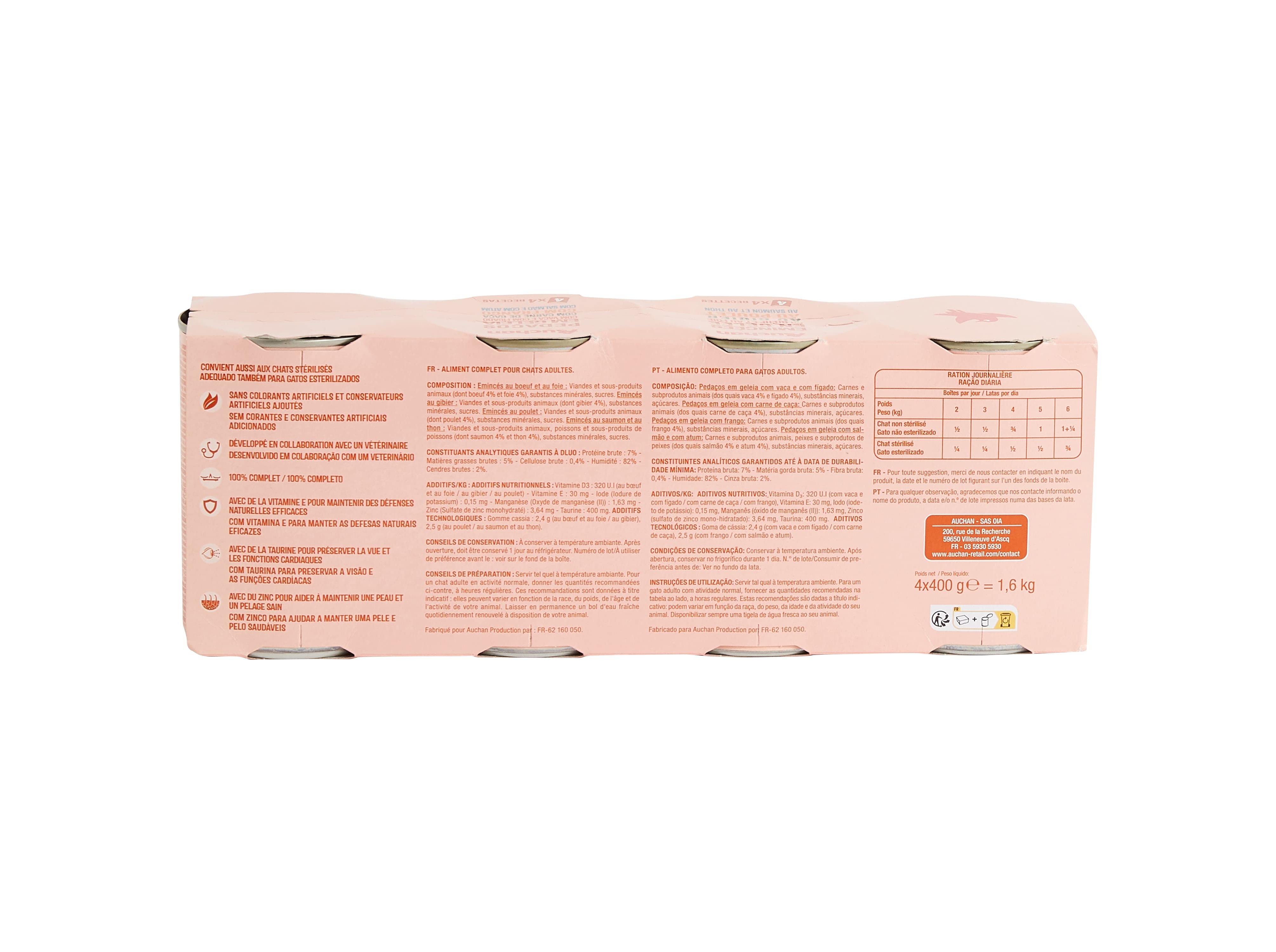 COMIDA HÚMIDA PARA GATO AUCHAN PEDAÇOS EM GELEIA MIX 4X400G