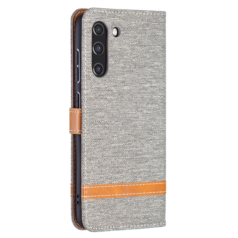 Samsung Galaxy S21 FE 5G Stoff Tasche im Jeans Look mit Kartenfach   Magnetverschluss - Grau / Braun
