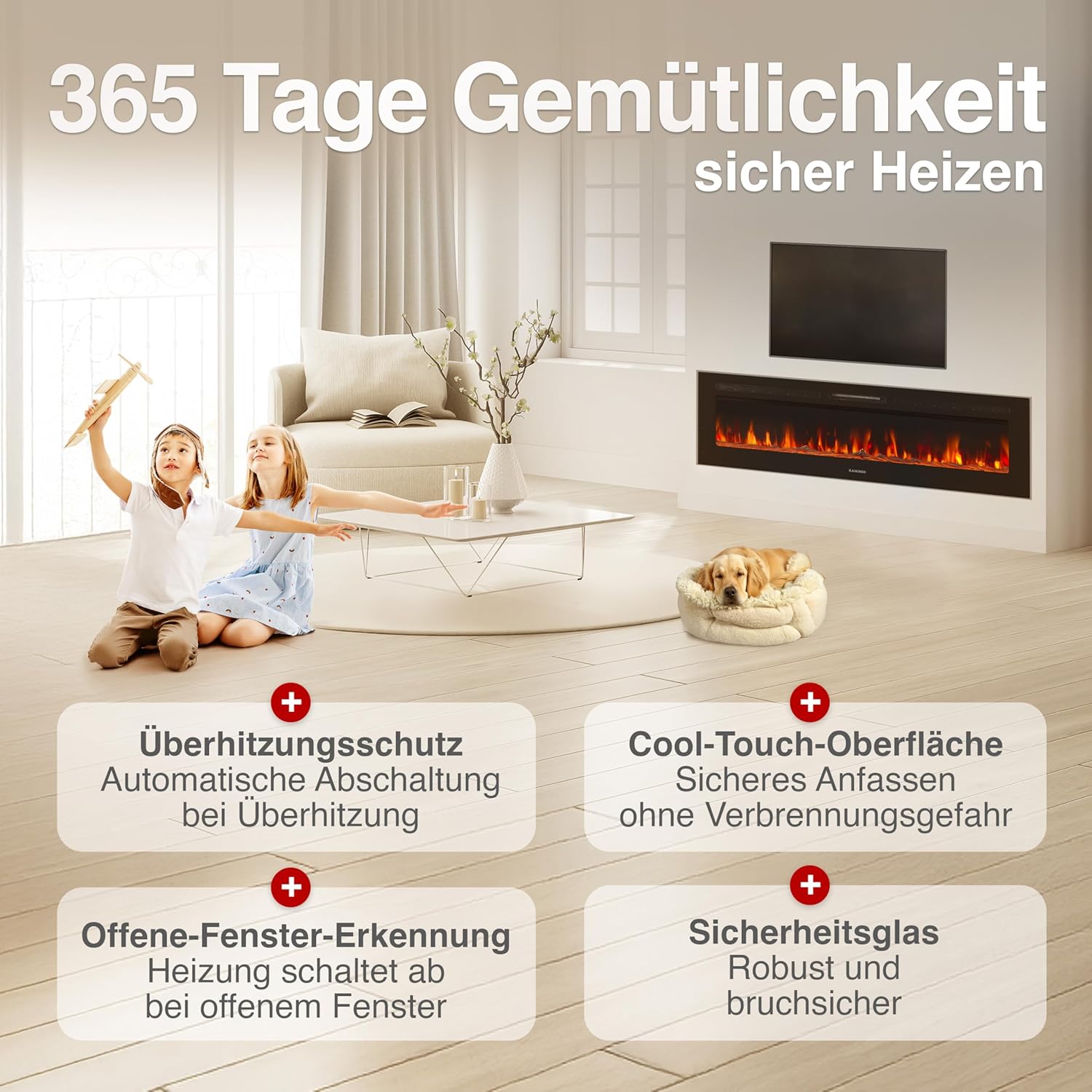 Elektrokamin Marlon - Elektrischer 3-in-1 Kamin mit Heizung, 3D-Flammeneffekt, 12 Flammenfarben, Fernbedienung (70 Zoll)