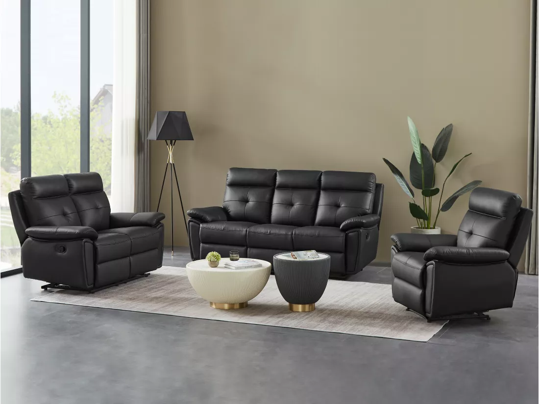 Canapés 3 places 2 places et un fauteuil relax en cuir noir VINETA
