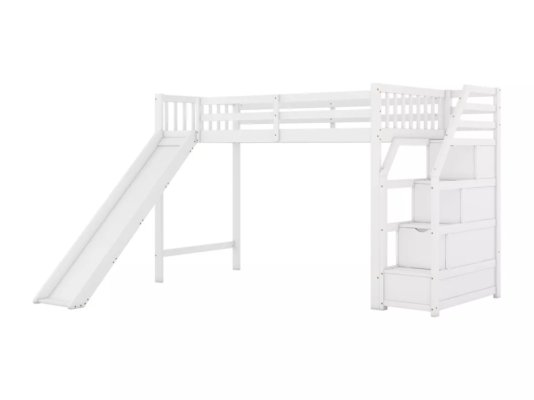 Lit mezzanine 90 x 200 cm avec 3 tiroirs et toboggan - bois de pin + MDF - sommier à lattes - blanc