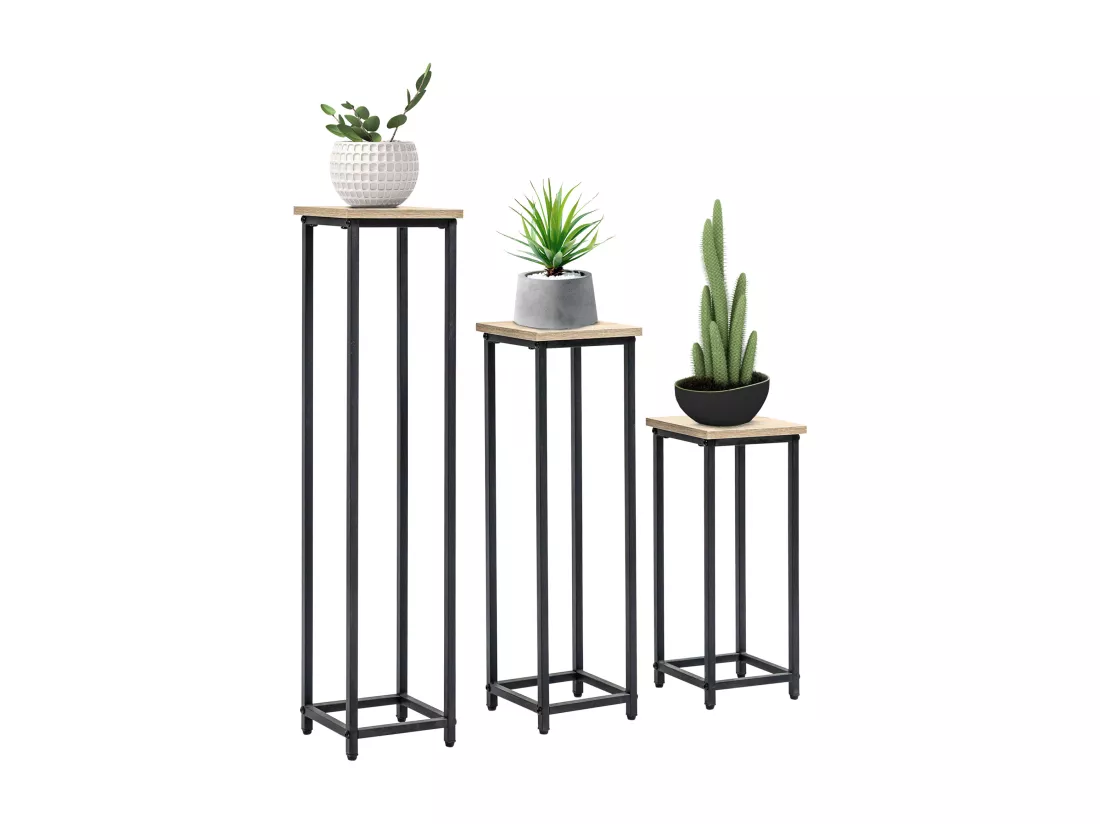 Support pots de fleurs 3 pièces - lot de 3 étagères à fleurs - portes plantes - acier époxy noir plateaux aspect bois de noyer