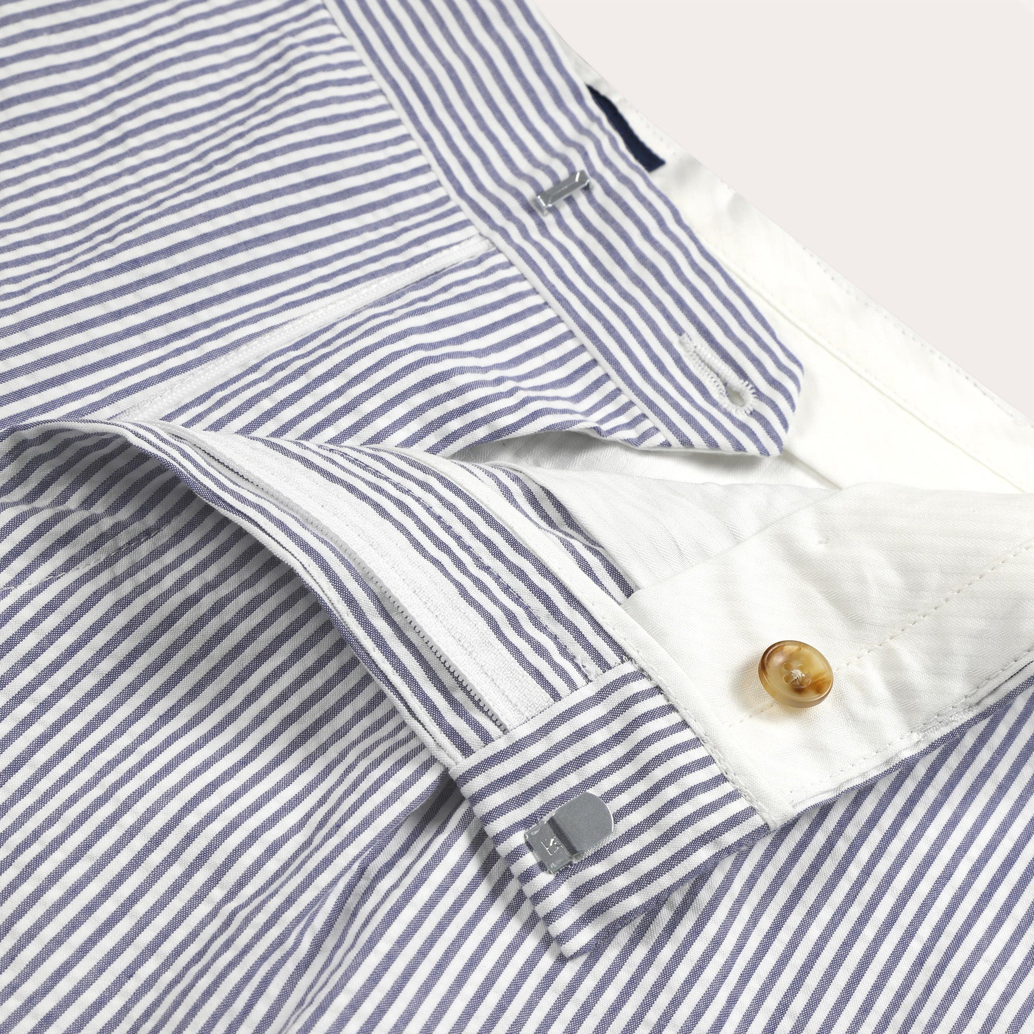 Blue Striped Seersucker Double Pleated Shorts