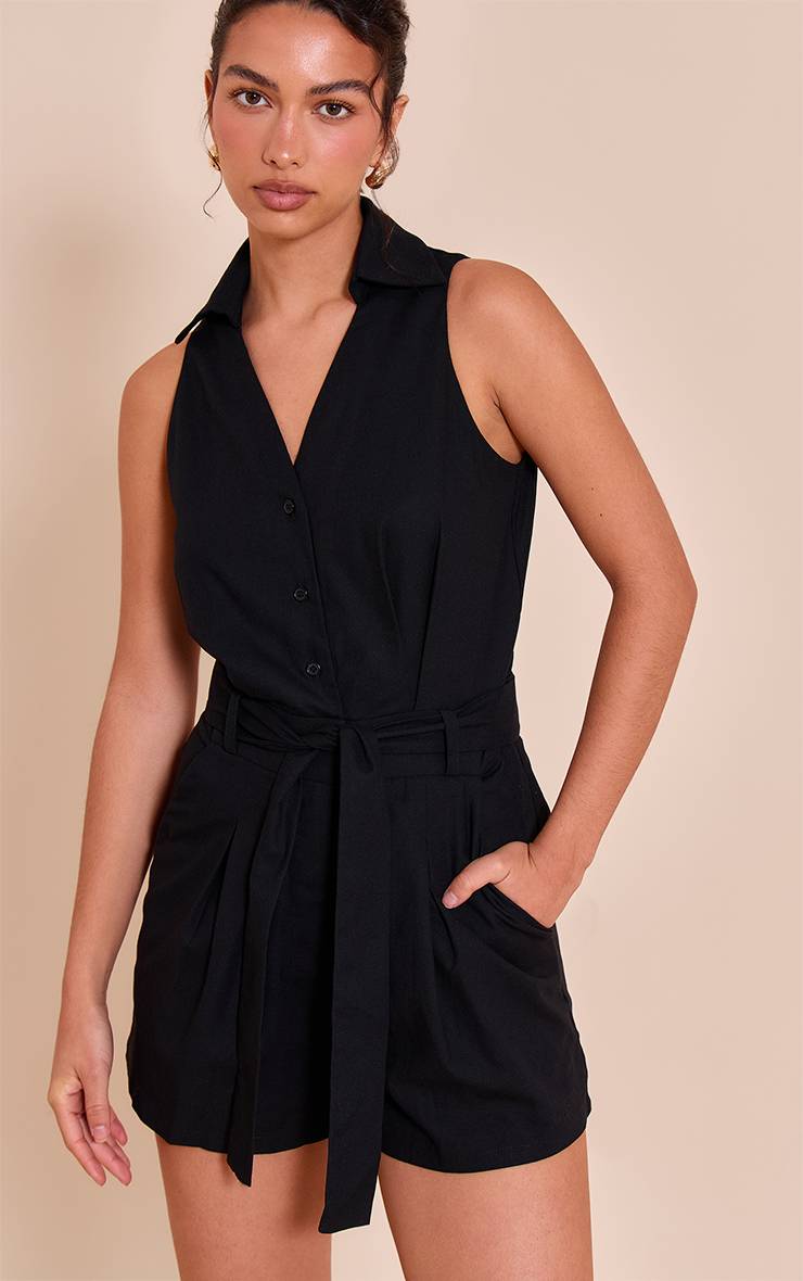 Noir Combi-short Sans Manches Avec Ceinture Utilitaire Tissée Et Détails