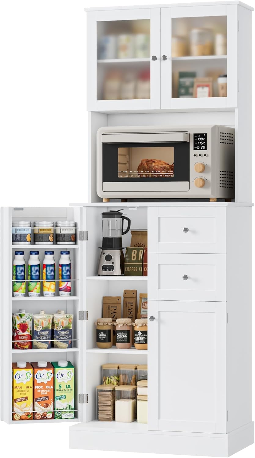 HOCSOK Küchenschrank, 182.5 cm Buffetschrank mit 2 Glastüren, Hochschrank mit 4 Türen und 2 Schubladen, Mehrzweckschrank für Küche, Esszimmer, Wohnzimmer, Weiß
