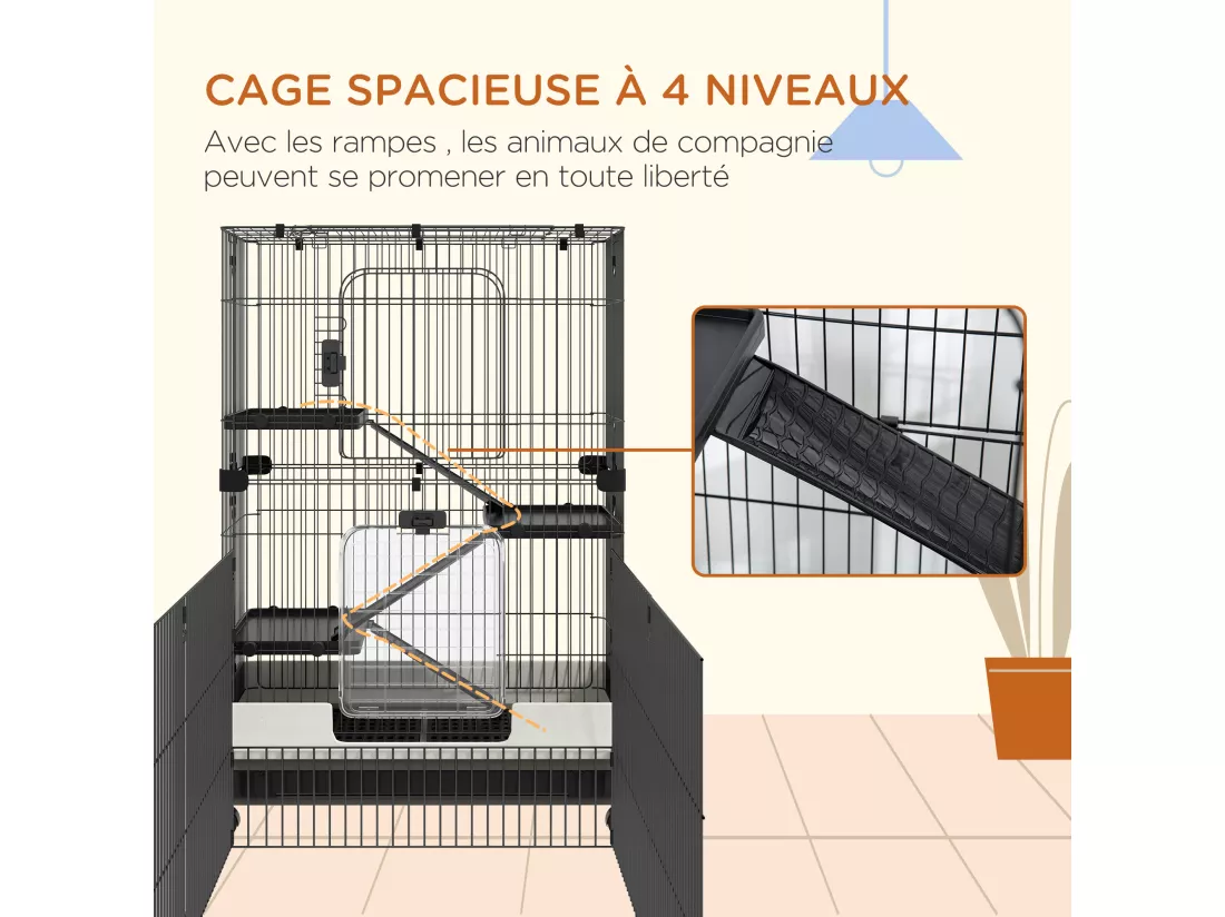 Cage pour petits animaux roulante 3 plates-formes démontables 3 rampes plateau inférieur amovible métal PP 182 x 81 x 114 cm noir