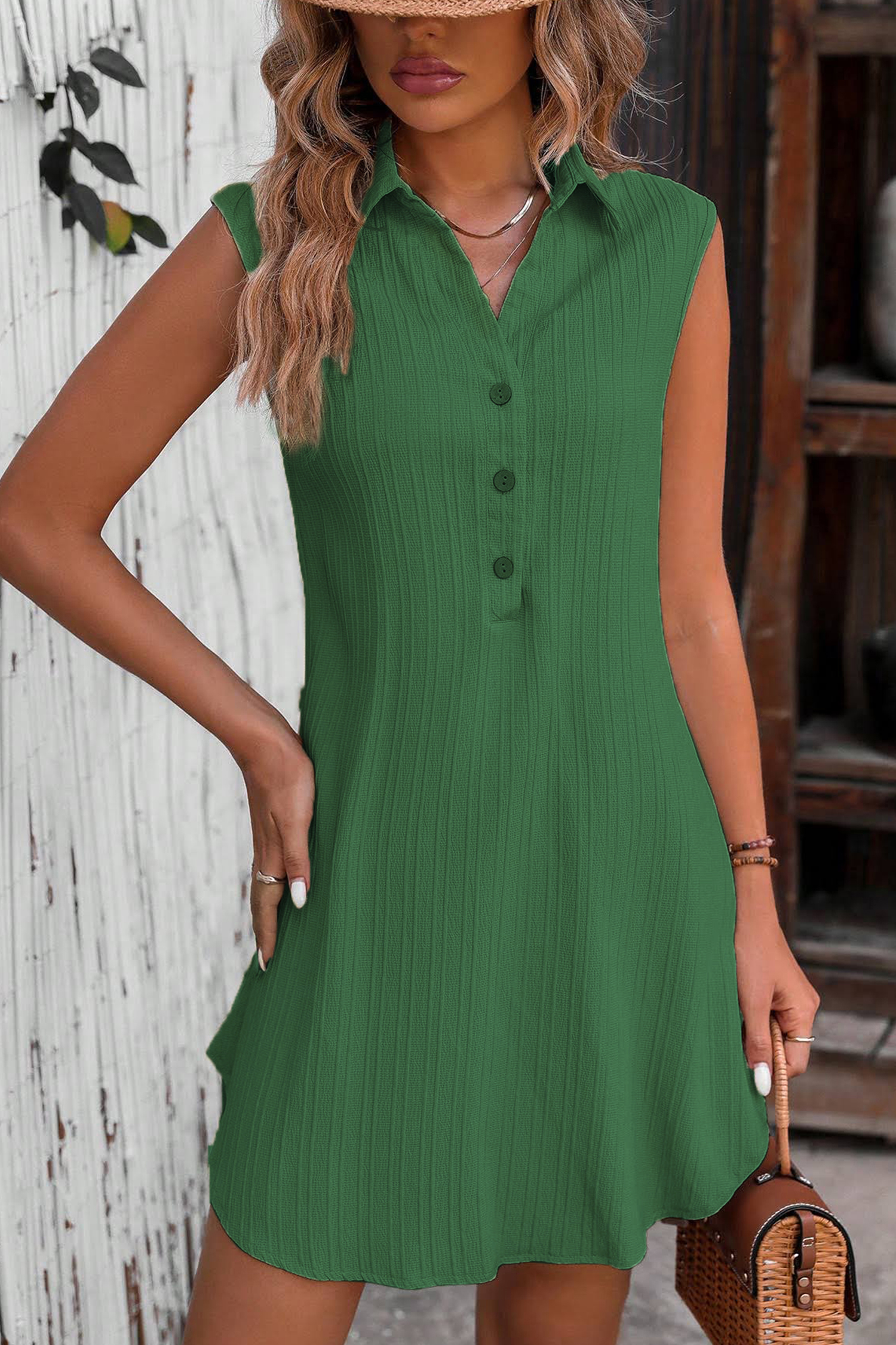 Robe chemise mini sans manches olive