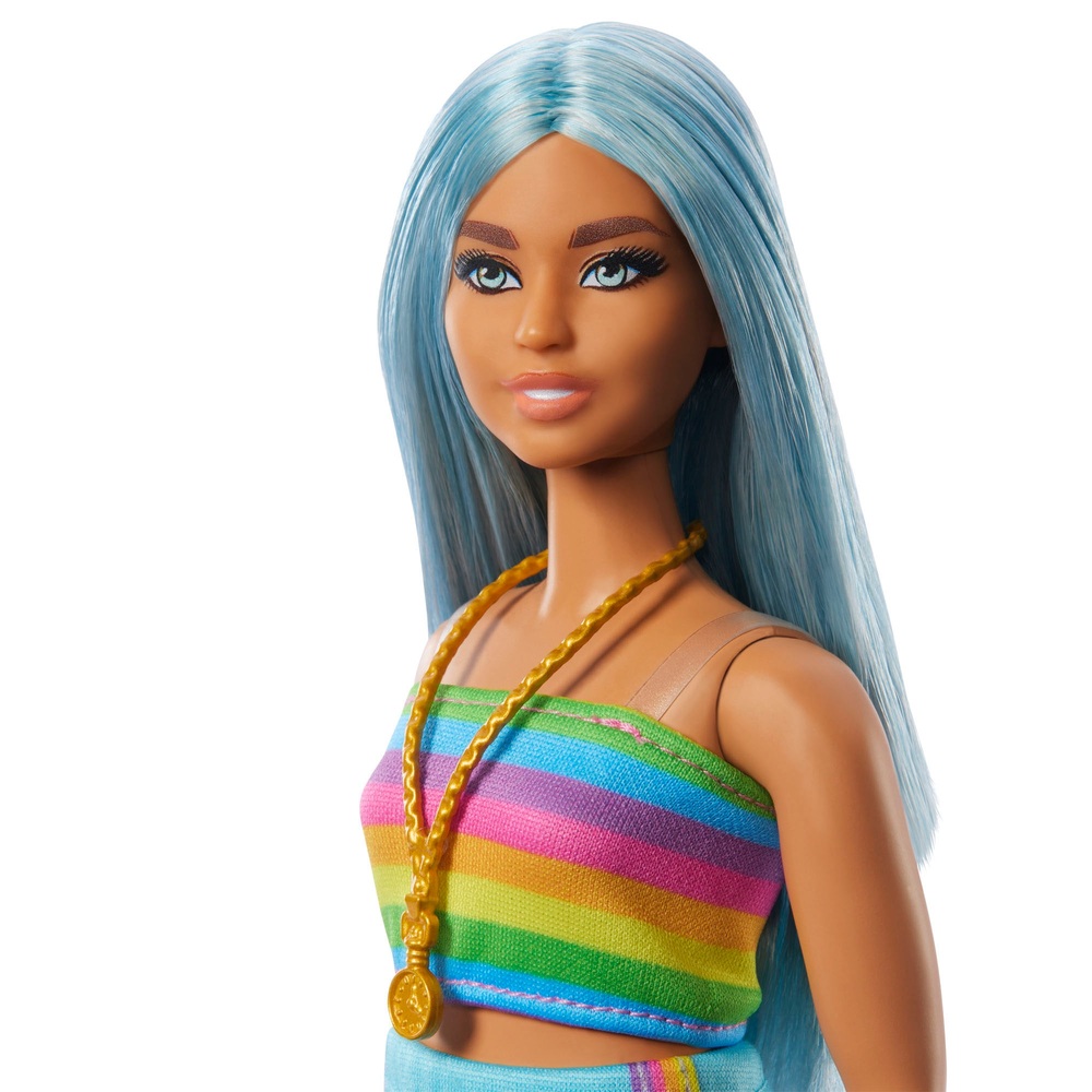 Barbie Fashionista Puppe 218 mit blauen Haaren und Regenbogenoberteil