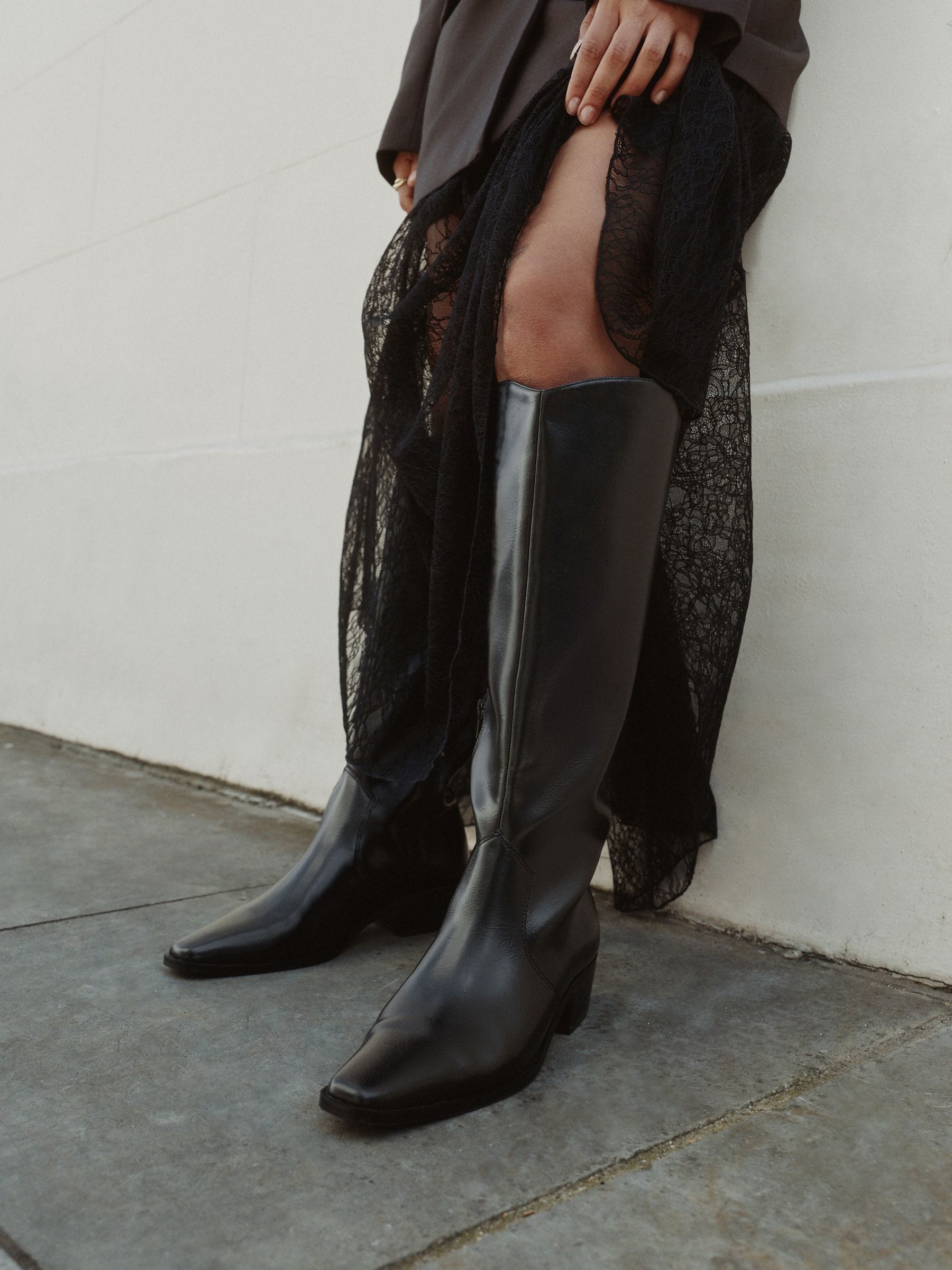 Black Crinkle Texture - Forever Comfort® Chisel Toe Knee High Boots