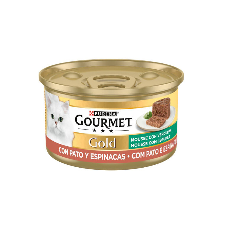 Mousse de pato gourmet dourada com espinafre em lata para gatos