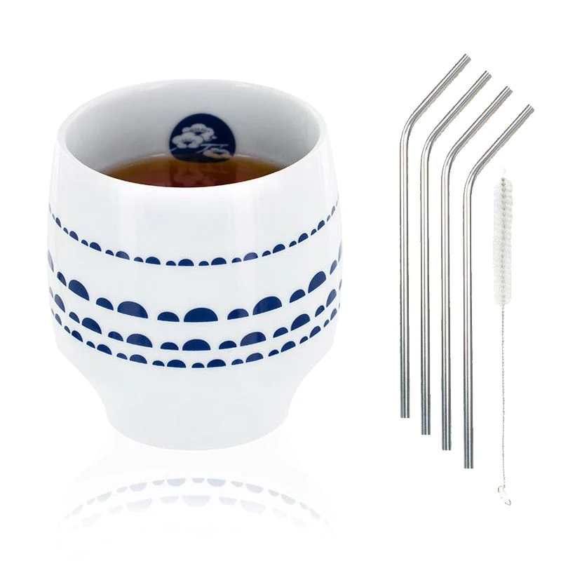 Tasse Nara porcelaine avec motifs bleus + 4 pailles en inox Youdoit