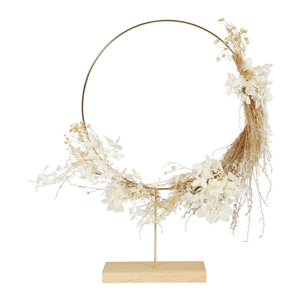 Cercle en métal doré et fleurs séchées 38x26cm