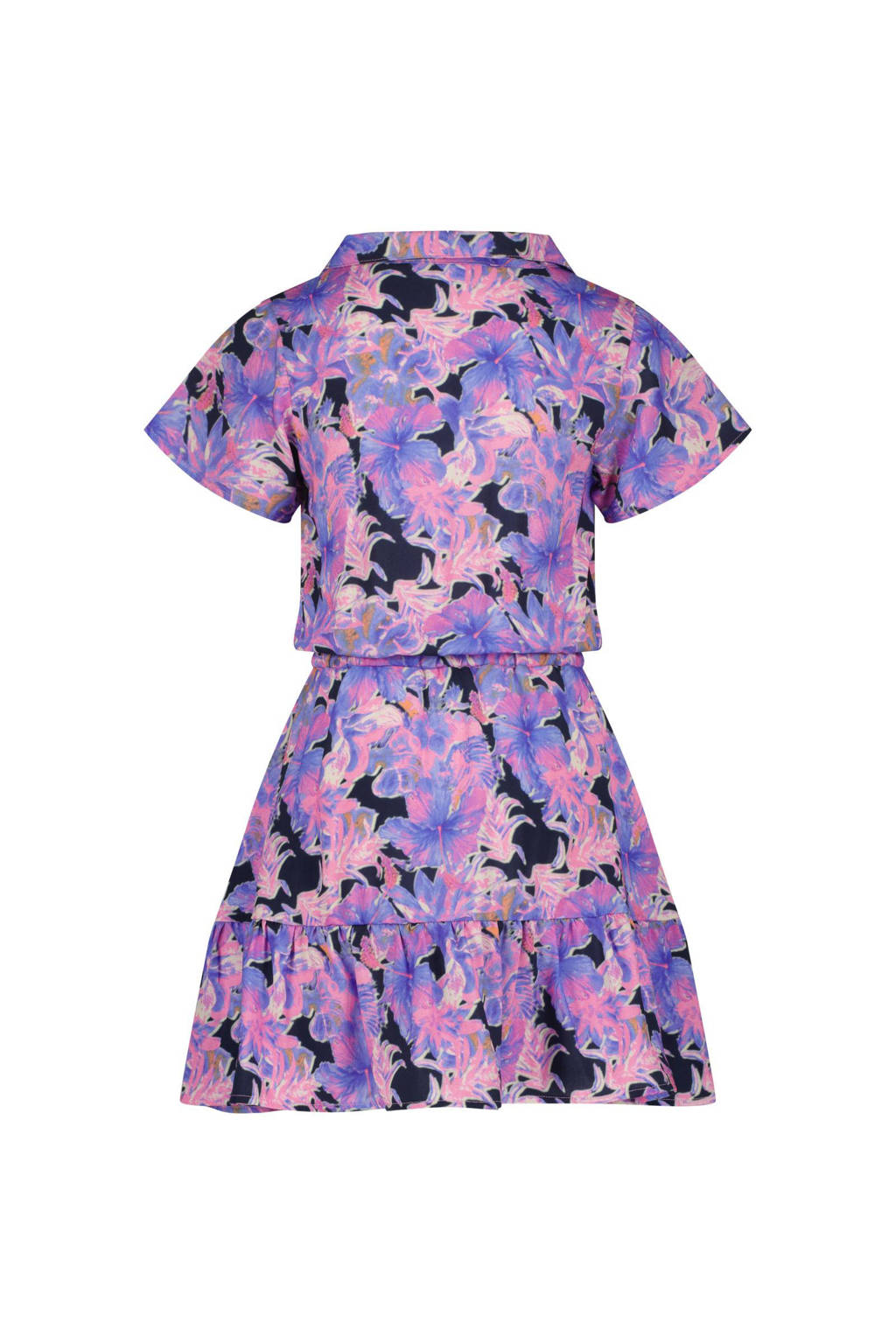 Vingino jurk Penelop met bloemenprint en volant paars/donkerblauw