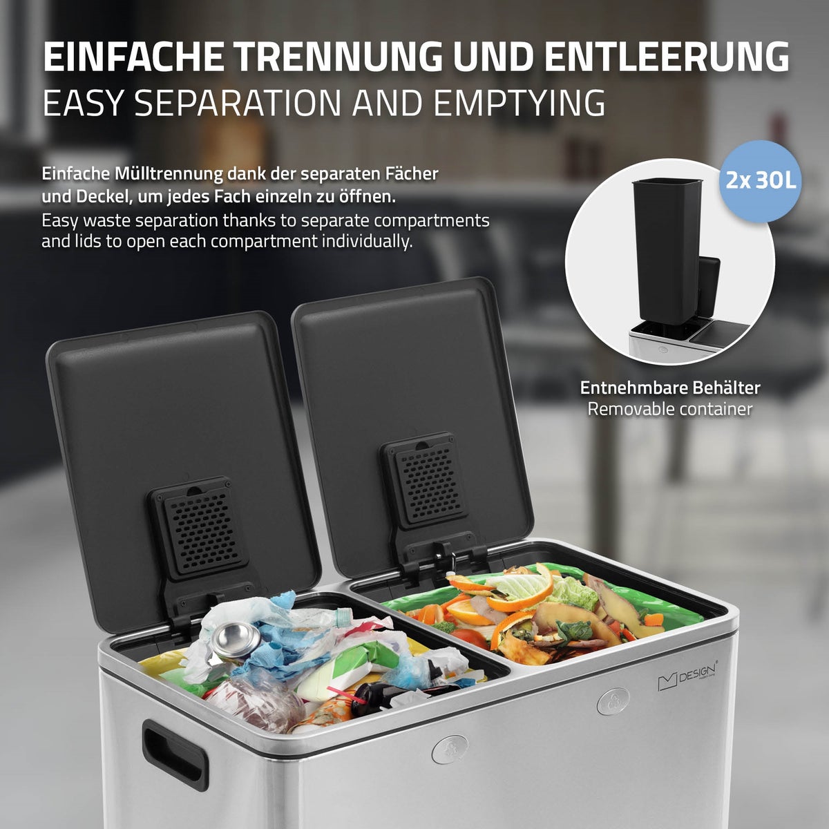 ML-Design Keuken Prullenbak 2x30L (60L), Zilver, 2-compartimenten afvalscheidingssysteem, Pedaalemmer voor afvalscheiding, RVS-bak, Uitneembare kunststof binnenemmer, Scharnierend deksel, Soft Close, Luchtdicht
