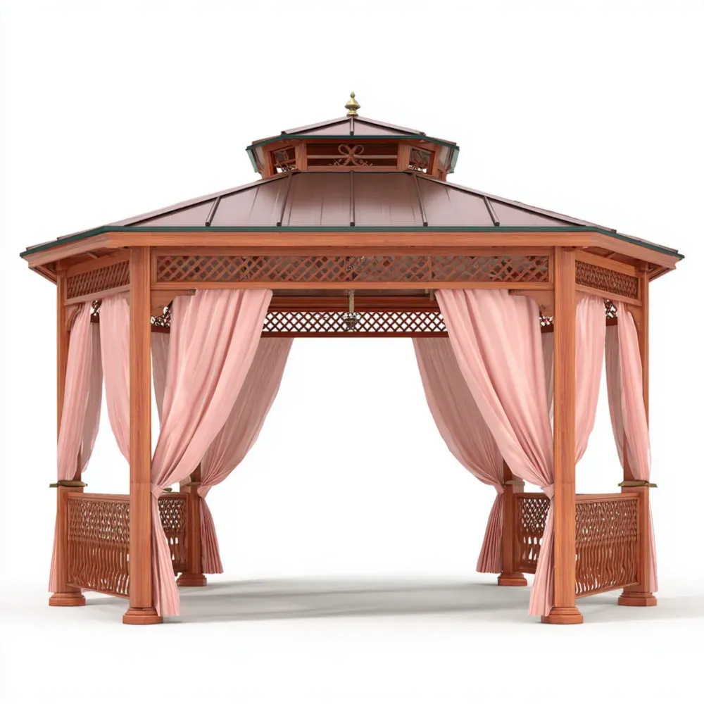 Holzpavillon mit Polyester-Vorhängen 400x300x260 cm – Rosa
