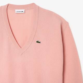 Pull femme Lacoste col en V uni en laine Pullovers - Rose - Lacoste - Femme