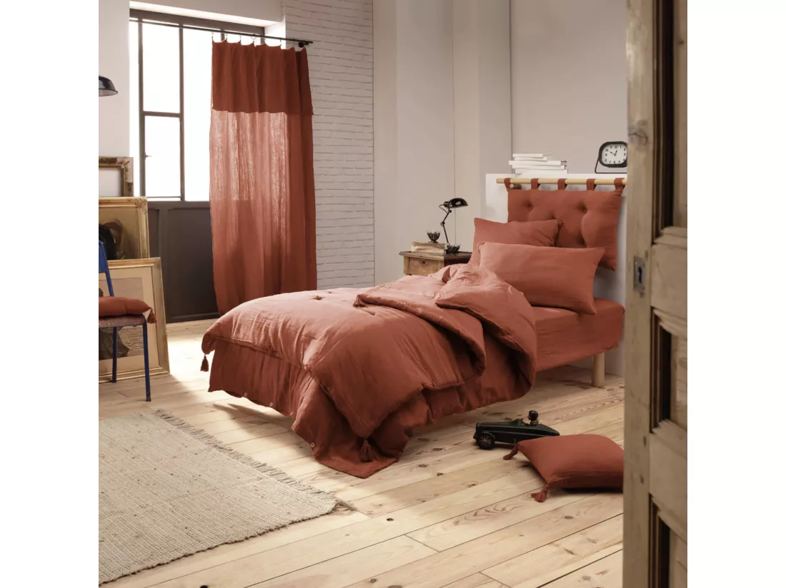 Parure de lit double gaze de coton orange terracotta 260x240 cm