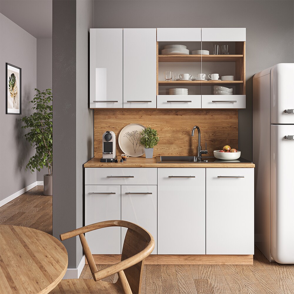 Vicco Küchenzeile Küchenblock Einbauküche Fame-Line Single Eiche Weiß 140 cm modern Küchen Schränke Spülenunterschrank Schubunterschrank Hängeschrank Hängeglasschrank Hochglanz