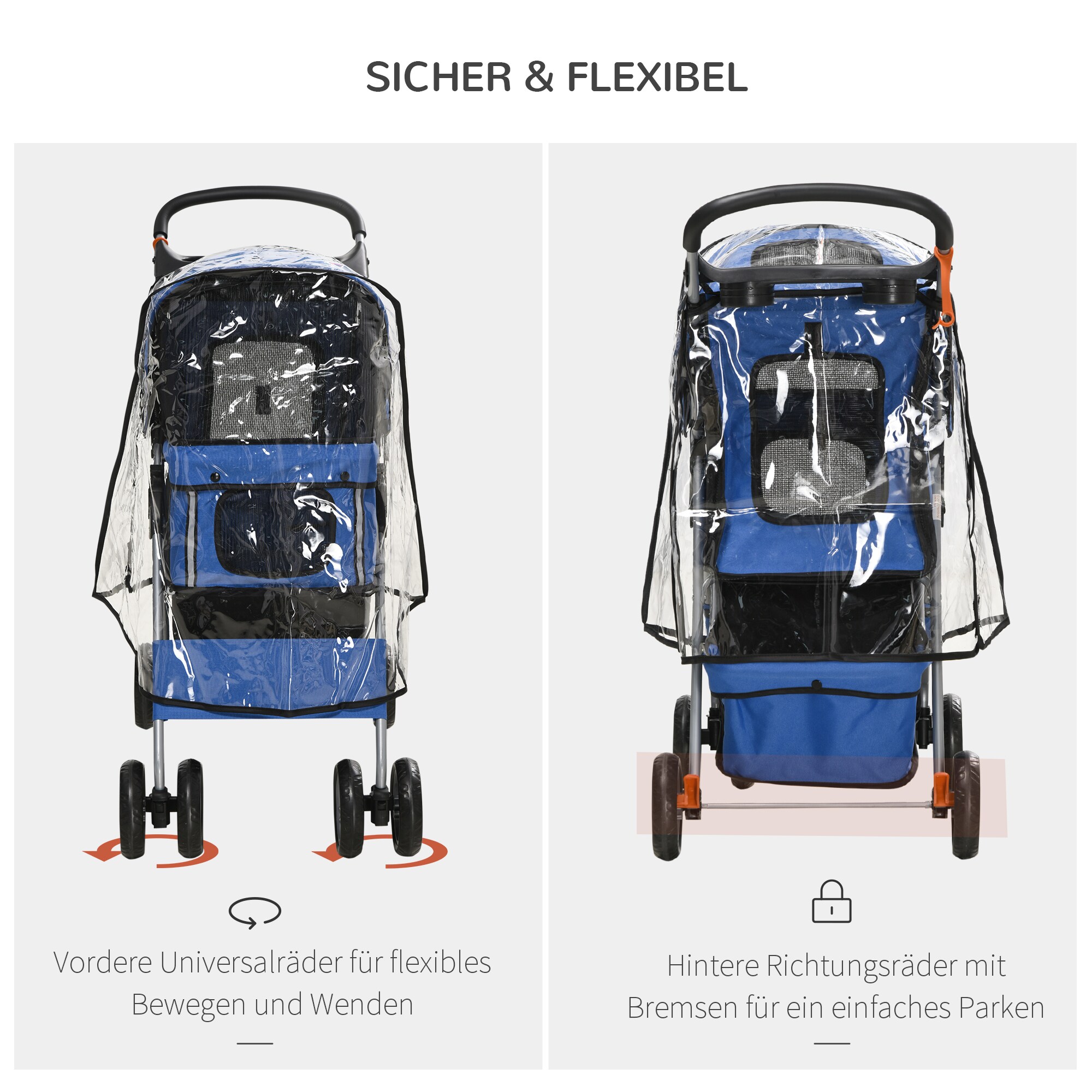 PawHut Hundebuggy mit Regenverdeck blau 75L x 45B x 97H cm