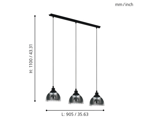 Hanglamp, 3-lichts, HxL 110x90,5 cm, zwart/transparant