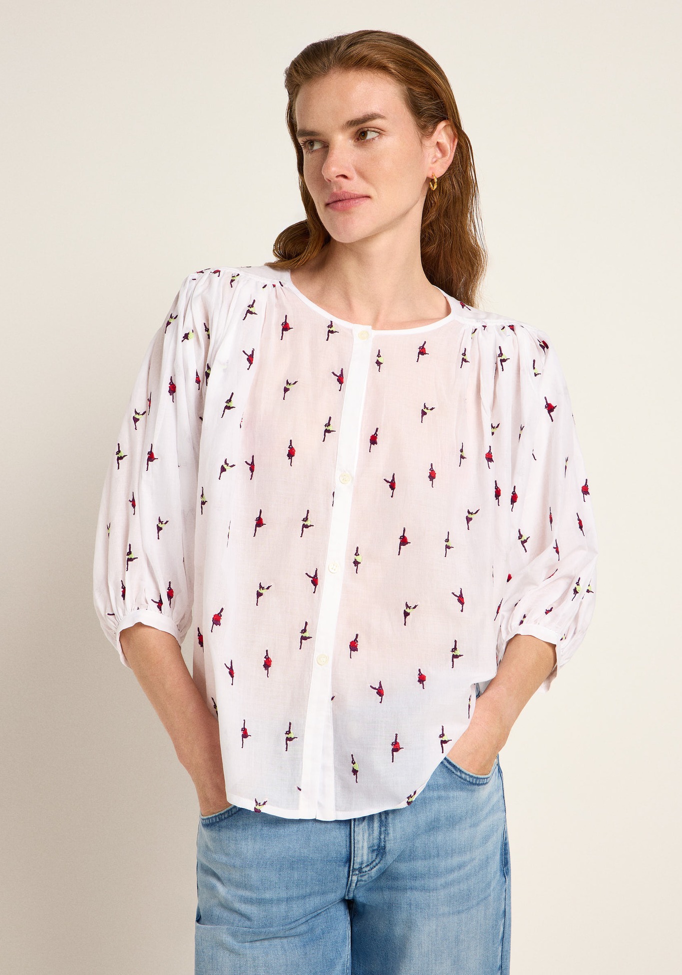 Lanius Stickereibluse mit Kräuseln Off White/Monkey