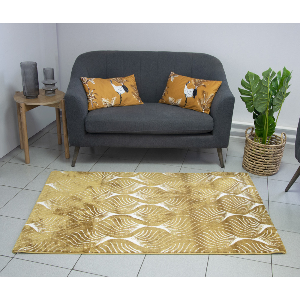 Tapis salon chambre poils doux motifs géométrique doré jaune ocre blanc 150x200cm- décoration- mobilier d'intérieur