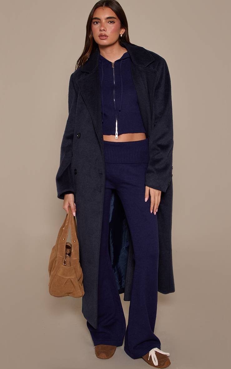 Bleu Marine Pantalon Évasé En Maille Avec Taille Repliable Douce