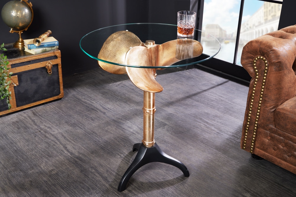 riess-ambiente Beistelltisch OCEAN - Handgefertigter Beistelltisch 75cm gold schwarz Glasplatte Metall maritim rund
