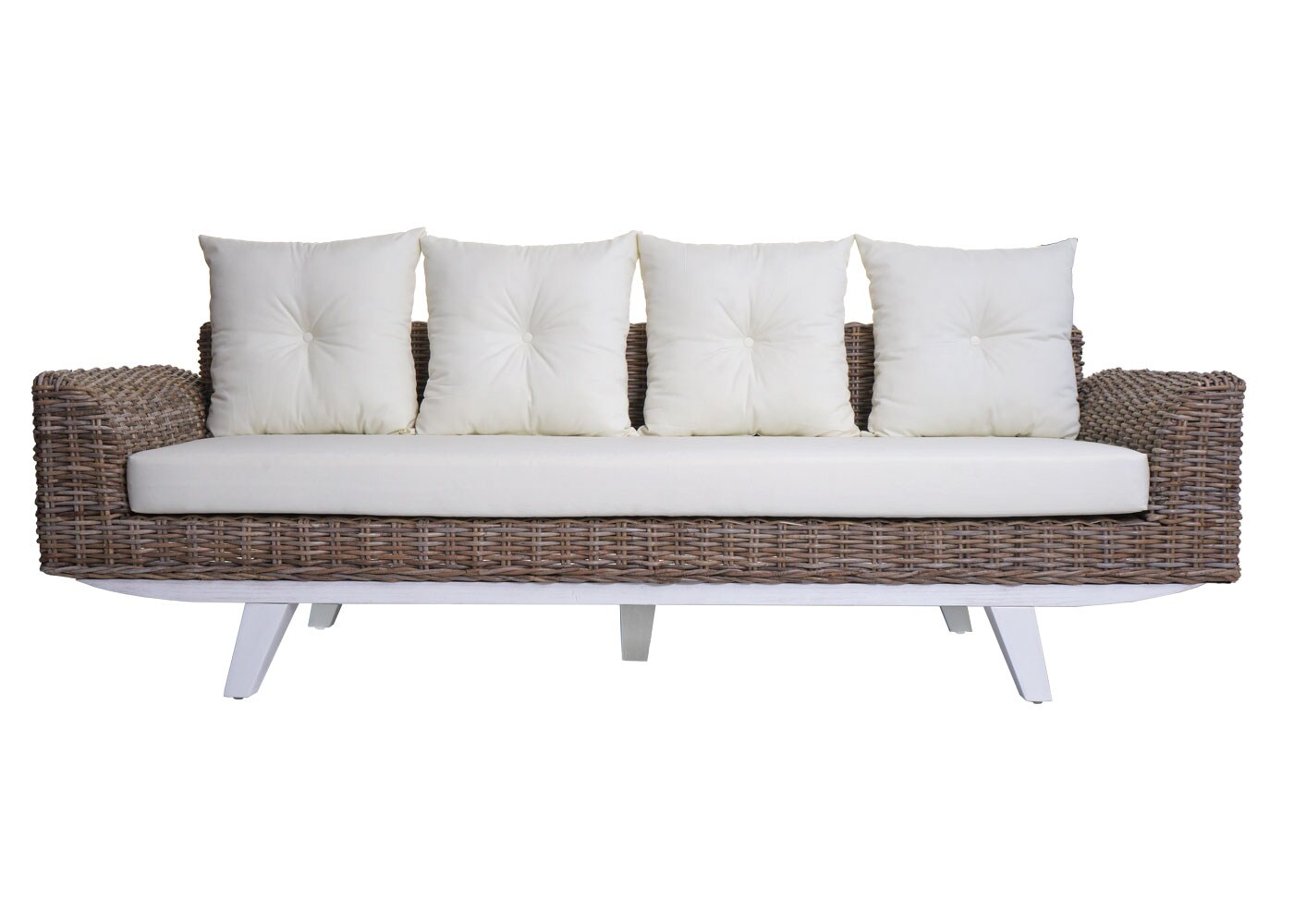 Sofa MCW-M32, 4-Sitzer Couch Rattansofa Loungesofa mit Kissen, 209cm Kubu Rattan natur Stoff/Textil Polster creme